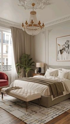 a bedroom with a chandelier hanging from the ceiling and a bed in front of a window