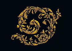 the letter e is made up of gold flowers and leaves on a black background,