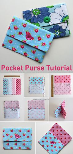 the instructions for how to make a pocket purse with polka dots and flowers on it