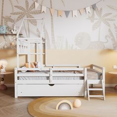 a child's bedroom with a white bed, dresser and toy animals on the floor