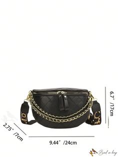 BirdinBag - Stylish Black Fanny Pack: Chic Stitch Detail, Chain Decor, Zipper closure (PU material) Casual Black Bag With Chain Detail, Casual Black Bag With Chain, Casual Black Bag With Chain Strap, Elegant Black Bag With Metal Zipper, Elegant Black Bags With Metal Zipper, Black Fanny Pack, Chain Decor, Waist Bags, Word Wrap