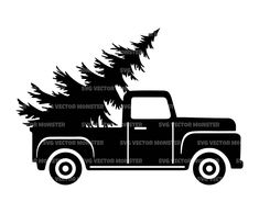 a black and white silhouette of a truck with a tree on the back in front of it