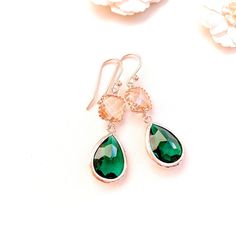 Emerald Earrings Champagne Dangle earrings Rose Gold | Etsy Drop Earrings Wedding, Earring Frame, Champagne Earrings, Bridesmaid Gifts Jewelry, Earrings Rose Gold, Detailed Jewelry, Earrings Bridesmaid, Maid Of Honour Gifts, Color Champagne