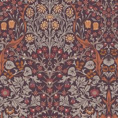 an intricately designed wallpaper with flowers and leaves in brown, red, orange and blue colors