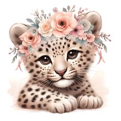 a baby leopard with flowers on its head is sitting in front of a white background