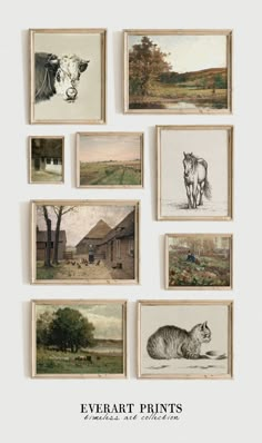 several framed pictures with animals and farm scenes on them