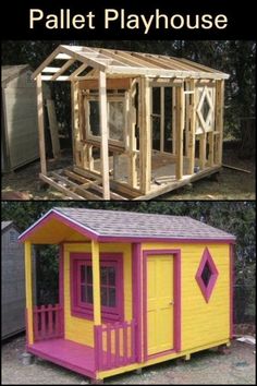 two pictures with the words pallet playhouse on them and an image of a small house made out of wood