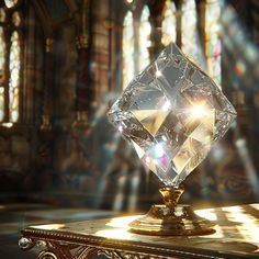 a diamond sitting on top of a table in front of a stained glass window