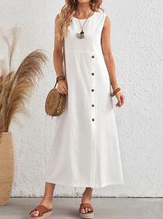 Casual Sleeveless Plain Maxi Dress, Casual White Maxi Dress With Buttons, Sleeveless Maxi Dress With Buttons, Sleeveless Buttoned Maxi Dress For Vacation, Sleeveless Buttoned Summer Maxi Dress, Sleeveless Summer Maxi Dress With Buttons, Summer Dresses With Buttons And Asymmetrical Hem, White Casual Sleeveless Dress With Buttons, White Sleeveless Dress With Asymmetrical Hem For Summer