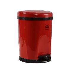 a red trash can on a white background with black trim around the bottom and lid