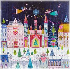 a painting of a city at night with christmas trees and snowflakes on it