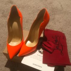 Used Hot Chick Scallop Pointed Toe Pump Luxury Orange Pointed Toe Heels, Luxury Orange Heels With Pointed Toe, Designer Orange Heels For Formal Occasions, Elegant Orange Patent Leather Heels, Designer Orange Pointed Toe Heels, Designer Orange Heels With Pointed Toe, Luxury Orange Patent Leather Heels, Luxury Orange Heels For Spring, White Louboutin