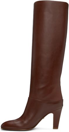 LWG-certified grained calfskin boots in brown. · Pointed toe · Grained sheepskin lining · Covered stiletto heel with rubber injection · Logo hardware at leather sole · Heel: H3.25 Supplier color: Cognac brown Brown Pointed Toe Platform Boots For Formal Occasions, Elegant Mid-calf Boots In Calf Leather With Leather Lining, Elegant Mid-calf Boots With Calf Leather, Modern Brown Heeled Boots With Reinforced Heel, Formal Leather Mid-calf Boots With Leather Lining, Chic Brown Platform Boots For Formal Occasions, Elegant Mid-calf Boots In Calf Leather, Formal Mid-calf Leather Boots, Brown Heeled Boots With Leather Lining And Almond Toe