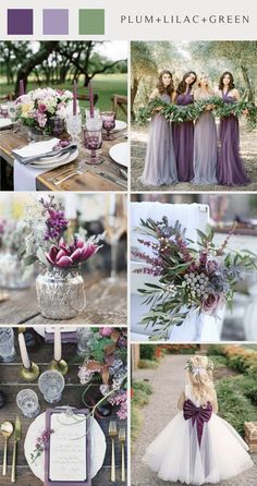 purple and green wedding color palettes for the bride's gown, flowers, and napkins