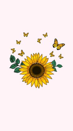 a sunflower with butterflies flying around it