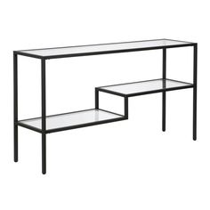 a glass and metal console table with two shelves on each side, against a white background