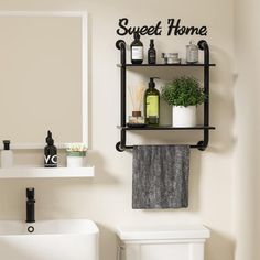 a white toilet sitting next to a bathroom sink under a wall mounted shelf filled with bottles