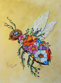 a painting of a bee with flowers in it's body and wings, on a yellow background