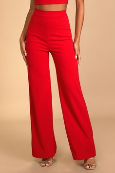 Spontaneous parties and nights out on the town call for the Lulus Only Tonight Red Two-Piece Wide-Leg Jumpsuit! This stretchy crepe knit jumpsuit is made of up a fitted crop top (with a square neckline and tank straps), and wide pant legs with a high-waisted fit. Hidden back zipper/clasp. Fit: This garment fits true to size. Length: Floor length. Size medium Inseam: 31.75 Front Rise: 11.75 Bust: Works best for A to C cup sizes - consider sizing up for fuller bust. Waist: Fitted - stretchy fabric Summer Party Jumpsuit With High-waisted Pants, Summer Stretch Pantsuit For Party, Summer Party Stretch Pantsuit, High Waist Stretch Pantsuit For Party, Stretch High Waist Pantsuit For Party, Spring Party Pantsuit With High-waisted Pants, Stretch High-waist Pantsuit For Party, Summer Wide-leg Pantsuit For Party, Fitted Pantsuit For Party