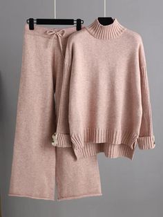 Urban Long Sleeves Solid Color Half Turtleneck Sweater Tops  &  Wide Leg Pants Two Pieces Set PINK-One_size Jumper Outfit Korean, Jumper Outfits, Work Pants Women, Casual Knitwear, Knitted Hood, Chic Sweaters, Knit Turtleneck Sweater, Pantalon Large, Collar Sweater