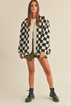 Checker Boyfriend Jacket Side Pockets Not Waterproof Shell: 100% Polyester, Lining: 100% Polyester. Fabric Has No Stretch Hand Wash Cold. Hang to Dry. Checkered Clothes, White Sherpa Jacket, Checkered Outfit, Fur Lined Denim Jacket, Draped Coat, Check On Me, Jacket Sherpa, Boyfriend Jacket, Checkered Jacket