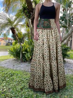 Womens Beige, Green Leaf printed Long Skirt Patchwork Boho Skirts S/M Chic Maxi Skirt, Skirt Patchwork, Printed Long Skirt, Statement Skirt, Green Leaf Print, Boho Skirts, Free Spirited, Green Leaf, Hippie Style