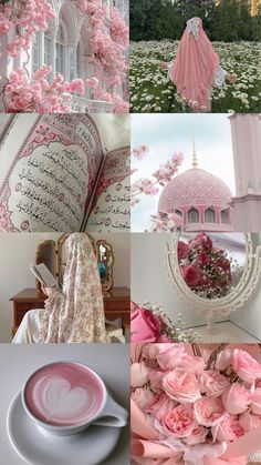 a collage of pink and white images with flowers