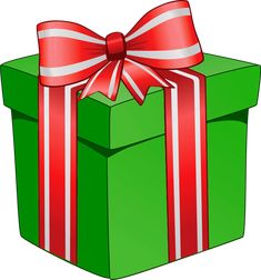 a green gift box with a red bow on it's top and ribbon around the bottom