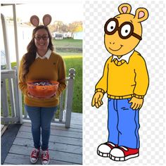 a woman holding a plate with food in front of her and an image of a cartoon character