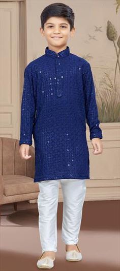 Blue color Boys Kurta Pyjama in Rayon fabric with Embroidered, Stone, Thread work Traditional Blue Kurta With Sequins, Blue Sequined Sets For Eid, Blue Sequined Long Sleeve Set, Kurta For Boys, Bday Dresses, Boys Kurta Design, Indian Blue, Couple Wedding Dress, Boys Kurta