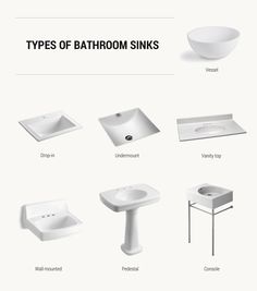 various types of bathroom sinks are shown in this graphic above it is an overview of the different kinds of sink