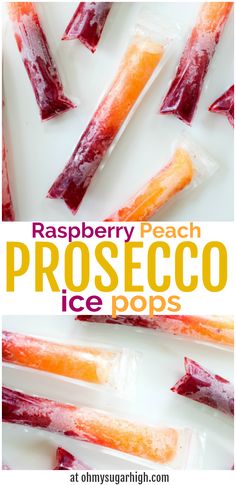 raspberry peach prosecco ice pops on a white plate with text overlay