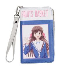 a cell phone case with an anime character on the front and back side, holding a keychain