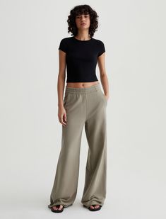 Renee Sweatpant Green Wide Leg Athleisure Sweatpants, Elevated Casual Wide-leg Sweatpants In Athleisure Style, Green Wide Leg Sweatpants For Athleisure, Athleisure Wide-leg Sweatpants For Elevated Casual, Wide Leg Casual Joggers For Elevated Casual Look, Green Relaxed Fit Wide Leg Joggers, Khaki Wide Leg Sweatpants With Side Pockets, Khaki Wide-leg Sweatpants With Elastic Waistband, Khaki Wide Leg Sweatpants With Elastic Waistband