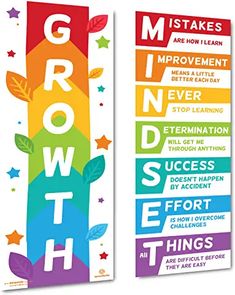 two colorful banners with the words growth and three different things on them that are in front of each other