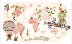 the world map is filled with animals and other things in pink, green, brown and white