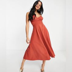 Never Worn . Left Shoulder Strap Is To Be Worn Off The Shoulder. Burnt Orange In Color. Midi Prom Dress, Prom Midi Dress, Burnt Orange Dress, Off Shoulder Fashion, Flirty Dresses, Asos Dress, Asos Dresses, Midi Dress With Sleeves, Orange Dress