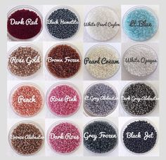 the different colors of pearls are shown in small bowls and labeled with their respective names