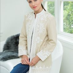 Embroidered Cream/Tan Linen Coat Is An Elegant Choice For Day Or Evening. Features An Intricate Embroidered Design In White On The Cream/Tan Linen Background. Open Front, Fully Lined, 100% Linen. Ordered From Neiman Marcus, Never Worn, Never Tried On! You Can Buy This Today At Neiman Marcus, Halsbrook, Bonwit Teller Or Bella Tu For $495! Since This Is New In Manufacturer's Packaging And Listed At 50% Off, Offers Cannot Be Considered. Please Check Your Measurements: Chest - Armpit To Armpit Layin White Embroidered Outerwear For Fall, White Long Sleeve Outerwear With Intricate Embroidery, Elegant White Embroidered Outerwear, Traditional Cream Outerwear For Spring, Traditional Cream Outerwear, White Long Sleeve Outerwear With Resham Embroidery, White Long Sleeve Outerwear With Chikankari Embroidery, White Chikankari Embroidery Long Sleeve Outerwear, Background Open