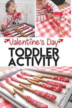 valentine's day toddler activity with red sprinkles and pretzels