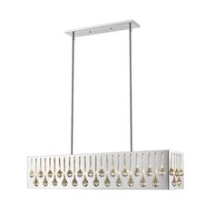 a rectangular chandelier with gold and silver balls hanging from it's sides