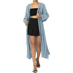 TheMogan Women's Lace Trim Caftan Drawstring Elastic Waist Duster Swim Cover Up Cardigan This collection of resortwear was created to perfectly complete any look or style. Poncho style caftans offer flirty slits on the sides and comfortable waist tie and kimono sleeves. You can wear it with heels going to a rendezvous, or with flip flops relaxing with friends on the beach. Size: 10.  Color: Blue.  Gender: female.  Age Group: adult. Bohemian Long Sleeve Beach Duster, Long Sleeve Bohemian Beach Duster, Blue Bohemian V-neck Outerwear, Bohemian Blue V-neck Outerwear, Spring Blue Wrap Kaftan, Blue V-neck Cardigan For Vacation, Blue Open Front Summer Outerwear, Long Summer Festival Cardigan, Blue Long Sleeve Kimono For Vacation