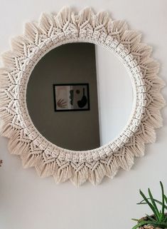 a round mirror hanging on the wall next to a potted plant and pine cone