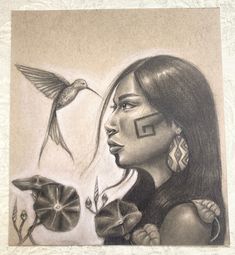 a drawing of a woman with a bird flying over her head and flowers in front of her face