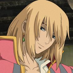 an anime character with blonde hair and blue eyes looking at the camera while wearing a pink outfit