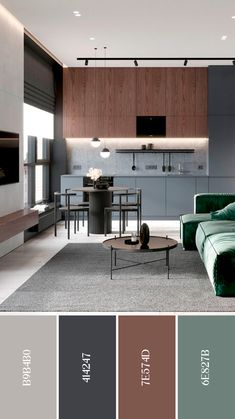 a living room filled with furniture next to a kitchen and dining area in brown, green, gray and white colors