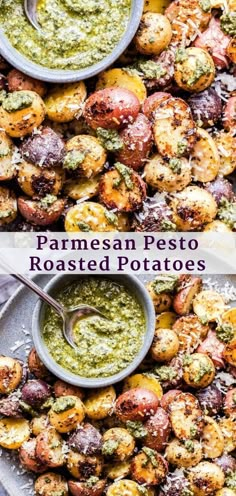 roasted potatoes with pesto sauce on top