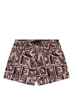 powder pink/black all-over logo print elasticated drawstring waistband thigh-length Be mindful to try on swimwear over your own garments. White Swim Trunks, Sea Clothes, Surfing Swimwear, Armani Logo, Printed Swim, Powder Pink, Sustainable Fabrics, Graphic Patterns, Drawstring Waistband