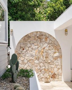 a cactus in front of a white building with a stone wall and arched doorways