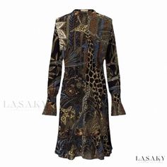 Lasaky - Long Sleeve Fish-Tail Dress with Intricate Flower Pattern Elegant Patterned Printed Dress, Elegant Printed Patterned Midi Dress, Elegant Patterned Printed Midi Dress, Elegant Patterned Dresses, Elegant Multicolor Fall Dresses, Patterned Long Sleeve Silk Dress, Patterned Silk Long Sleeve Dress, Elegant Printed Dresses For Work, Elegant Patterned Midi Dress For Fall